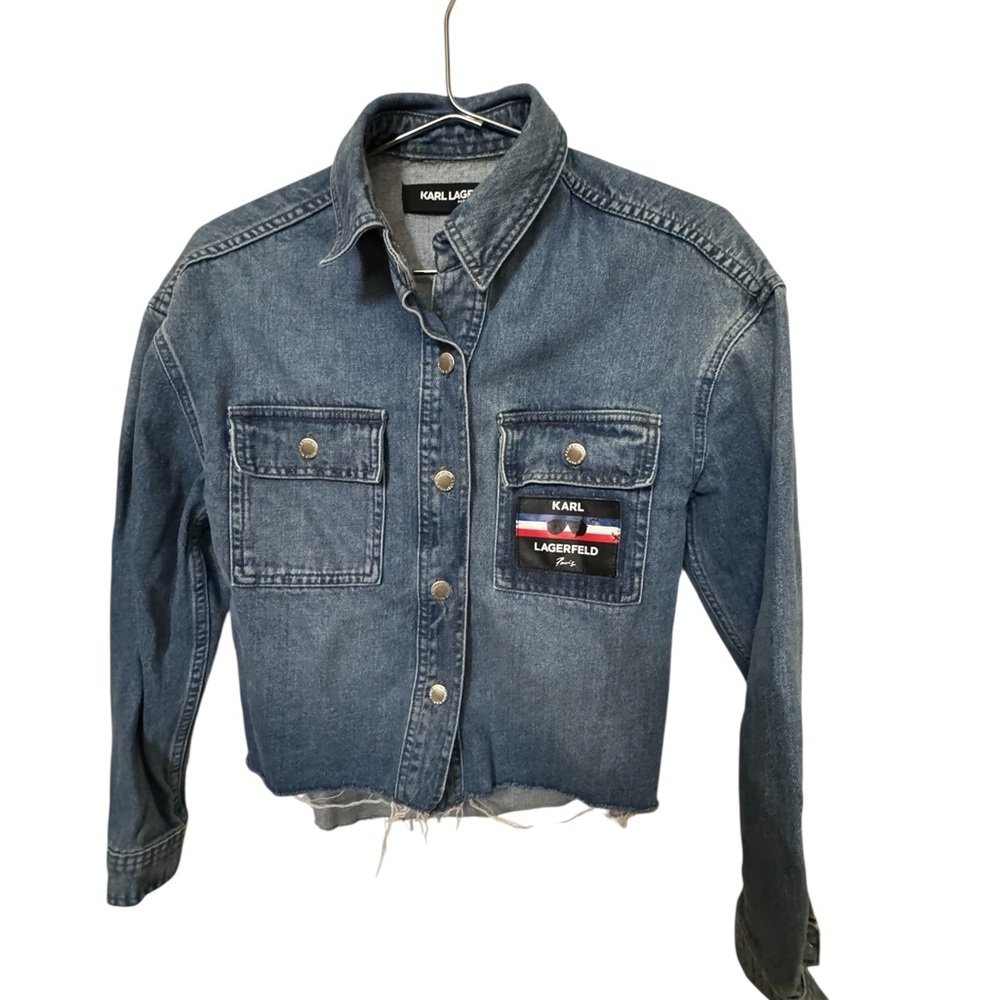 Karl Lagerfeld Paris Cropped High End Designer Blue Denim Jean Jacket Women’s XS